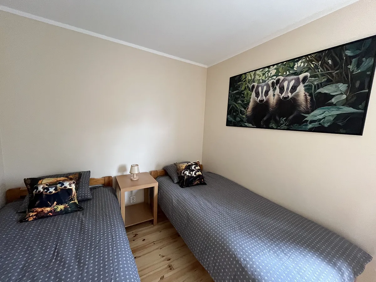 Twin tuba Mäger Suurlahe Guesthouse'is – majutus Saaremaal kahe eraldi voodi ja mägrateemalise kunstiga.